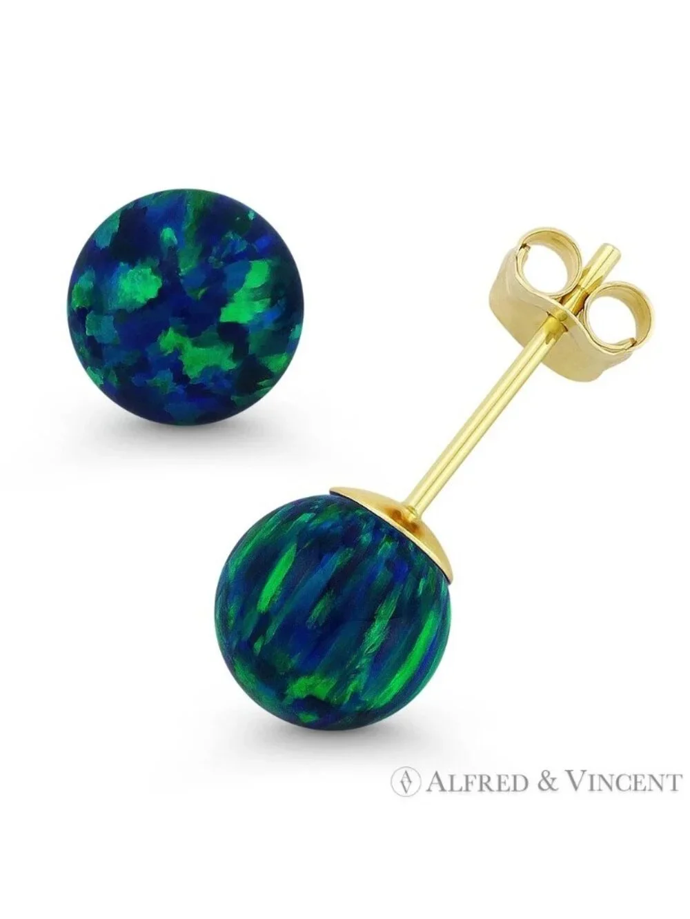 Fiery Peacock-Blue Lab Opal Ball Pushback Stud Earrings in 14k Yellow Gold
